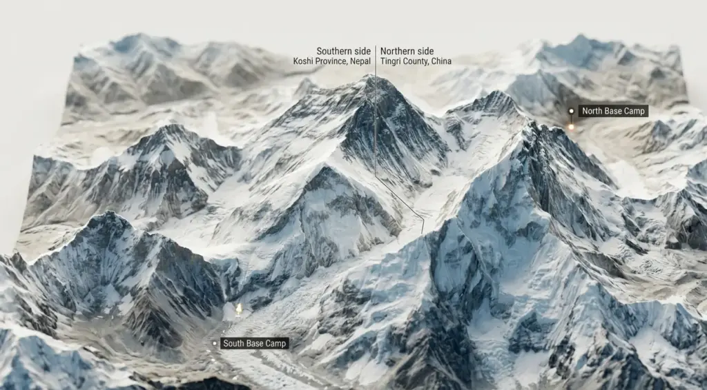 Topographic map showing Mount Everest on the border of Koshi Province, Nepal, and Tingri County, Tibet, China. Detailed labels for South and North Base Camps and key surrounding peaks.