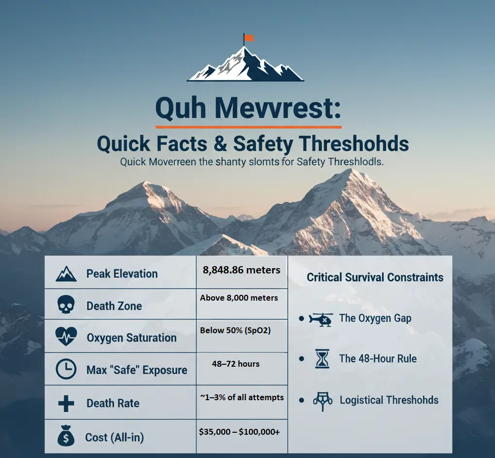 Infographic chart showing Mount Everest key data including peak elevation, death zone altitude, critical oxygen levels, safe exposure time, and expedition costs.