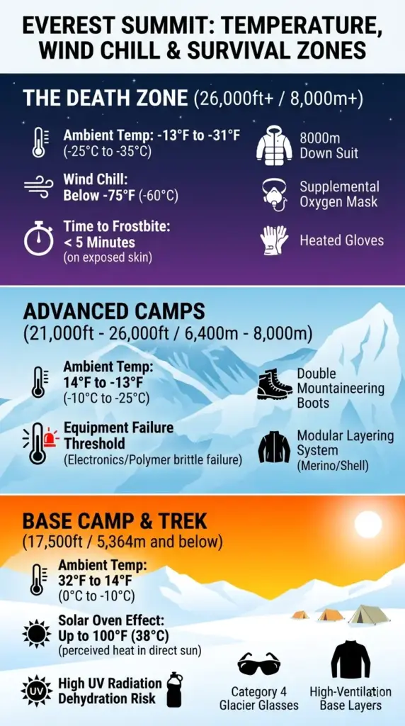 Infographic comparing Mount Everest temperature and wind chill by altitude. It shows three survival zones: The Death Zone (below -75°F wind chill, <5 mins frostbite), Advanced Camps, and Base Camp (including Solar Oven effect and UV risk).