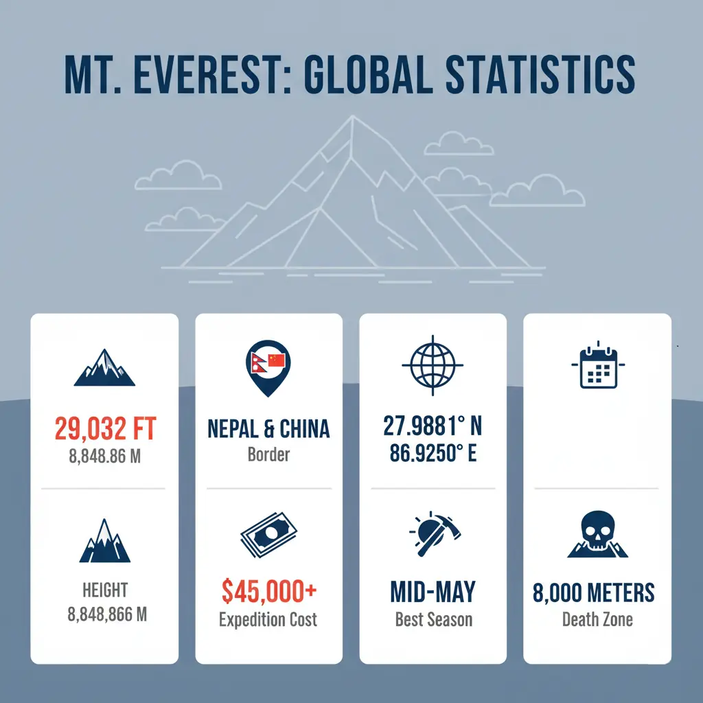 Infographic displaying key Mt. Everest statistics: height 29,032 feet, location on the Nepal-China border, climbing season in May, and 8,000-meter Death Zone