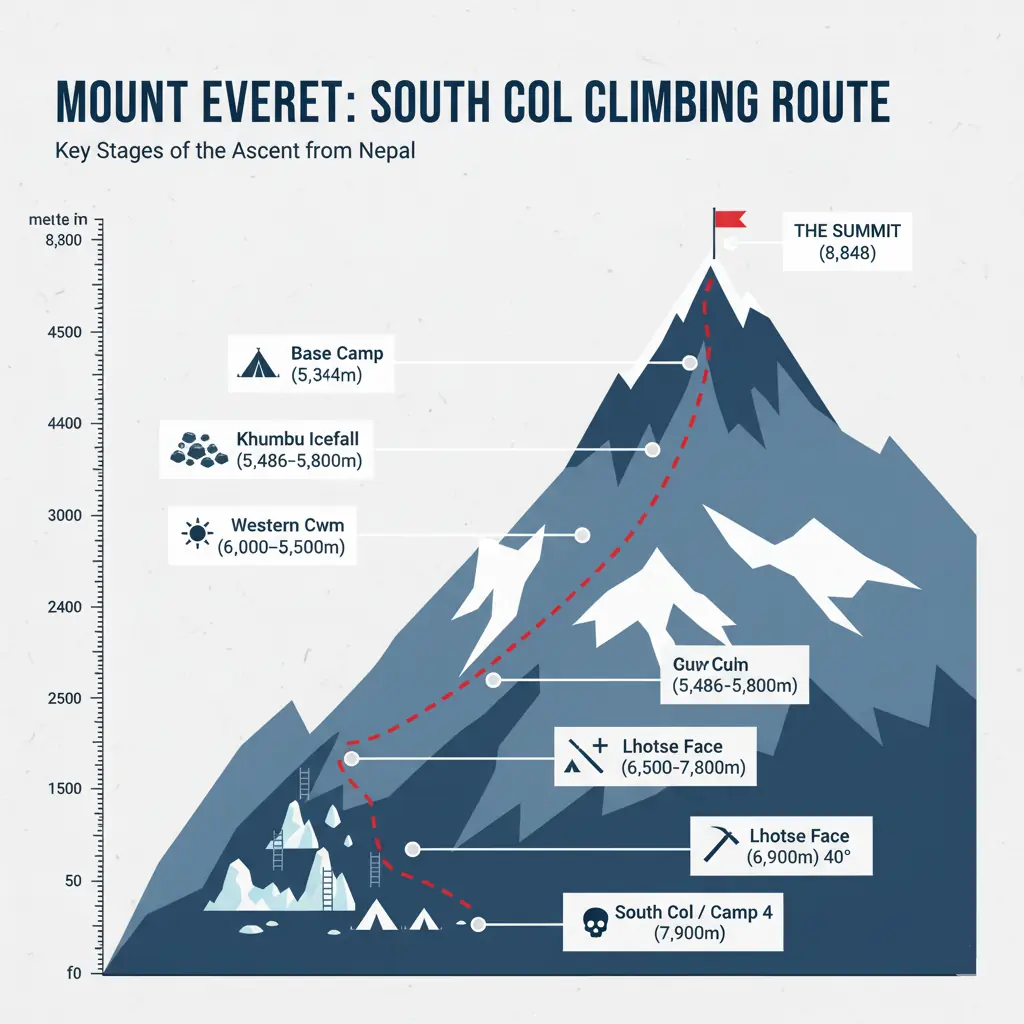 Topographical map of the Mount Everest South Col climbing route from Nepal, showing key stages: Base Camp, Khumbu Icefall, Lhotse Face, and Camp 4.